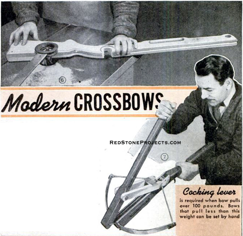 Shaping the crossbow stock and cocking the crossbow with a cocking lever.